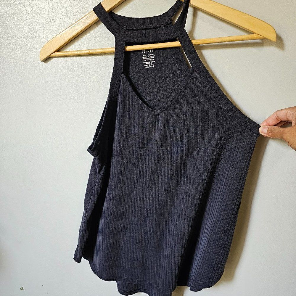 EUC AMERICAN EAGLE DARK GREY SUEDED RIBBED HALTER NECK CUT OUT TANK XS/S